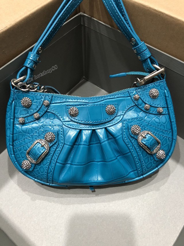 Balenciaga專櫃爆款機車包系列迷你鱷魚紋蘭色帶鑽扣肩背女包 巴黎世家Le Cagole半月牙腋下包餃子包 fyj1946